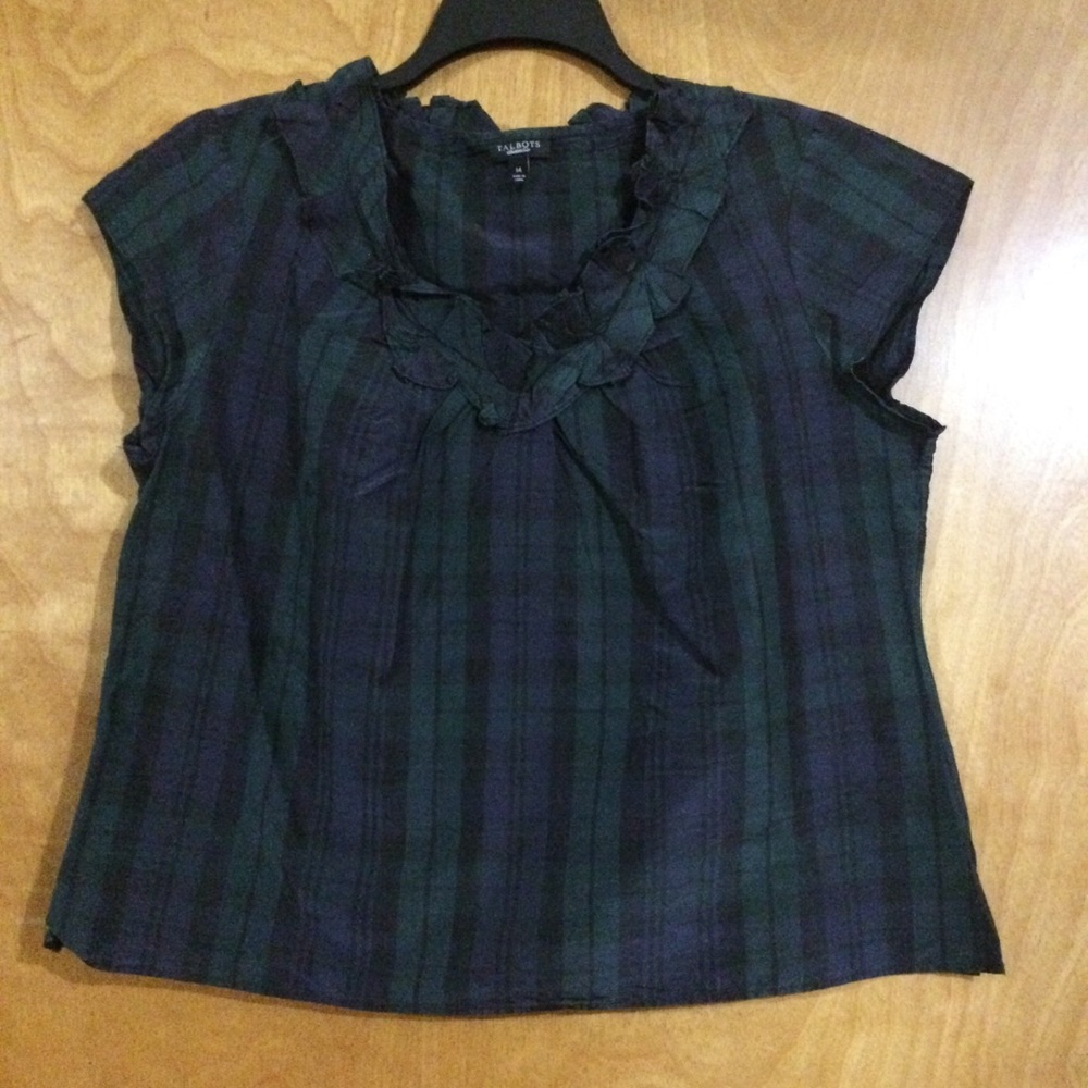 Talbots silk plaid ruffled neck line